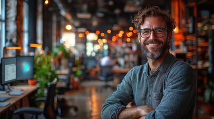Obraz premium Smiling man with arms crossed in modern office.