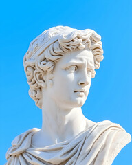 Serene marble bust against vibrant blue sky