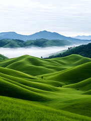 Serene rolling green hills shrouded in morning mist, majestic mountains in the background