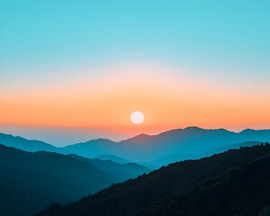 Serene sunset over layered mountain silhouettes