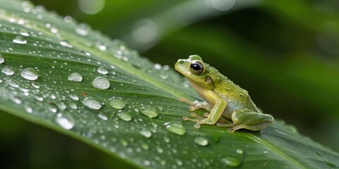 Obraz premium Tiny glass frog sitting on a dewy leaf in a lush tropical forest nature photography close-up view serene environment highlighting biodiversity