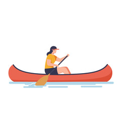 Woman paddling in red canoe on water in flat vector illustration