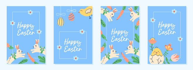 Cute posters collection With Bunnies and chicken for Happy Easter holiday. Design with flowers, carrots and text on blue background. Happy Easter hand drawn card. Flat illustration with partial