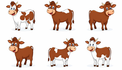 Fototapeta premium Six cartoon cows in various brown and white patterns