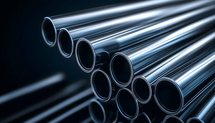 Sleek, polished metal pipes arranged in a visually appealing stack against a dark background