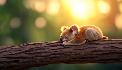 Obraz premium Sleepy koala joey resting on a branch at sunset
