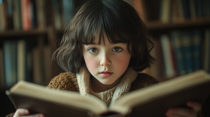 Young Girl with Brown Hair Reading a Book in a Library Setting