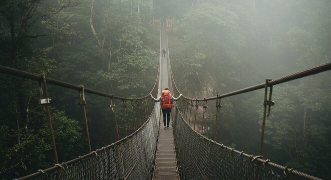 Fototapeta Person with backpack walking on hanging bridge in dense green forest
