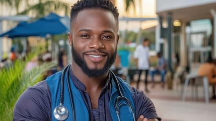 smiling healthcare professional with stethoscope outdoors in sunny setting