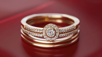 Gold ring with diamonds on red background, product photo
