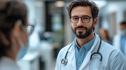 Obraz premium Doctor and colleague conversing in hospital.