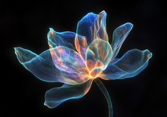 A wireframe hologram of an alien flower, glowing with bioluminescent light against a dark black background