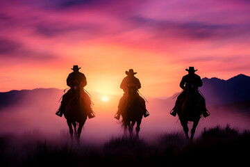 Three cowboys riding horses into a vibrant sunset over a hazy landscape