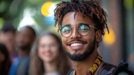 Obraz premium Smiling young man with dreadlocks and glasses outdoors.