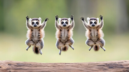 Three playful ring-tailed lemurs leap joyfully mid-air above a log