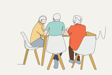 Colored elderly people chatting at the dining table in a nursing home. Older adults in nursing homes concept one-line drawing