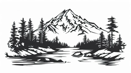 simple vector clip art depicting a river flowing in the foreground, with a snow-covered mountain and trees in the background