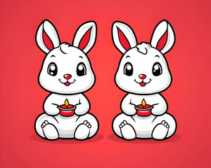Fototapeta premium Two adorable cartoon rabbits holding candles against a red background