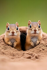 Fototapeta premium Two adorable chipmunks peering from their burrow