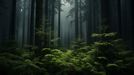 Fototapeta premium Misty Forest Evergreen Trees Foggy Woodland Path