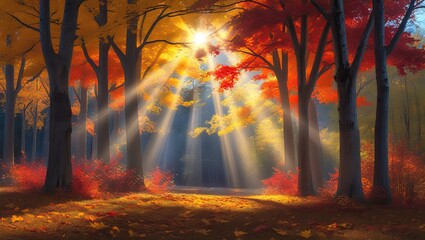 Fototapeta premium Golden Sunlight Illuminating a Serene Autumn Forest Path