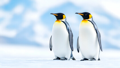 Fototapeta premium Two king penguins standing side-by-side on snow, against a blurred icy background