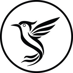 Stylized depiction of a hummingbird in a minimalistic black-and-white circular outline design. Bird logo Design.