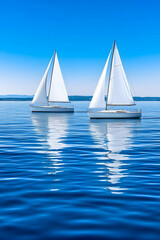 Obraz premium Two sailboats glide across a calm, azure sea under a vibrant blue sky, their white sails catching the sunlight, creating a serene and picturesque scene