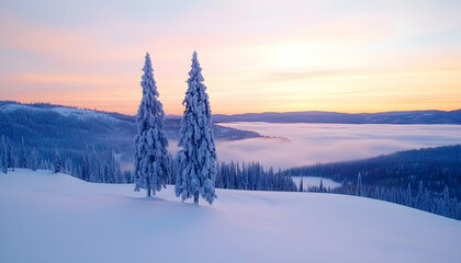 Obraz premium Two snow-covered evergreens stand atop a snowy hill overlooking a valley shrouded in fog at sunrise