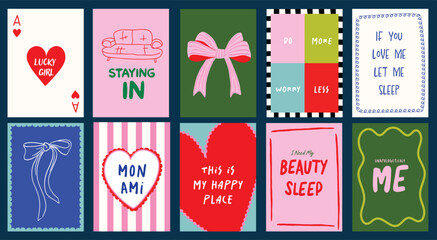 Abstract Lucky girl poster set aesthetic. Hand-drawn bows, girly things, cozy homebody, girly quotes. Vibrant doodle groovy art for wall decor, postcard, social media ads and banners. 
