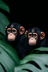 Two young chimpanzees peering from lush green foliage against a dark background