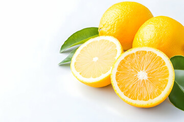 Two whole lemons and two lemon halves with leaves on white background