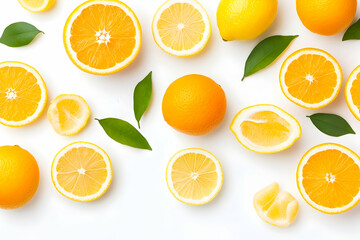 Obraz premium Vibrant citrus fruit halves & leaves scattered on white