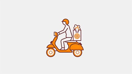 Simple line drawing of scooter with pizza delivery man on it, vector logo design style
