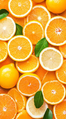 Vibrant citrus fruit slices and leaves background