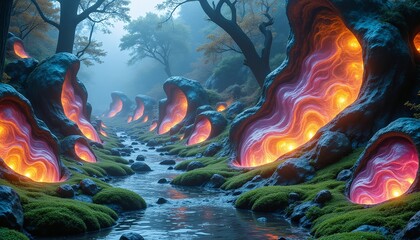 vibrant red lava river in forest at night