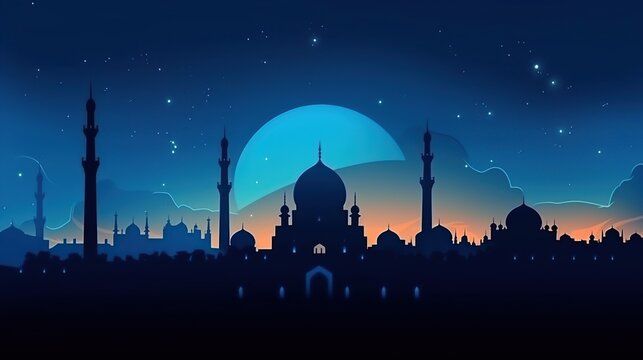 Islamic background, ramadan. Mosque silhouette in bright night sky with moon and star