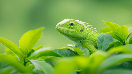 Vibrant green lizard camouflaged amidst lush foliage