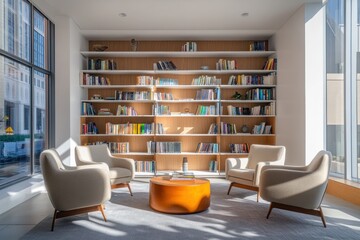 Modern reading room with built-in shelves, armchairs, and a coffee table.