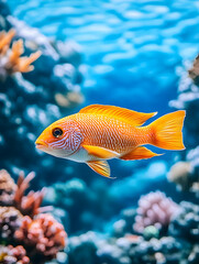 Obraz premium Vibrant orange fish swimming amidst coral reef