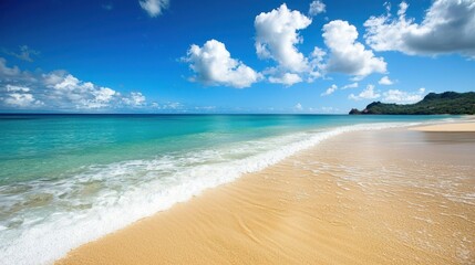 Obraz premium Idyllic Tropical Beach Scene: Azure Waters, Golden Sands, and a Cloud-Dappled Sky