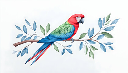 Vibrant red, green, and blue macaw perched on a leafy branch