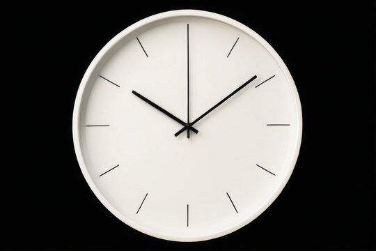 Minimalistic modern round wall clock with white face and black hands showing 12 o'clock time on black background.