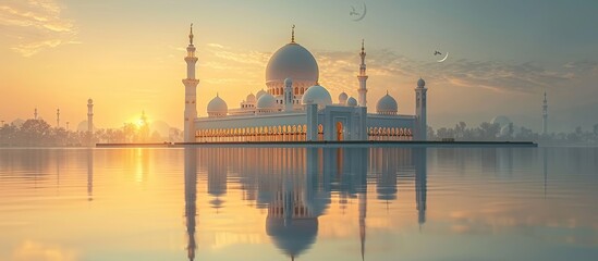 Obraz premium Islamic background with mosque and crescent moon, for celebration of the holy month of Ramadhan and Idhul Fitr holiday