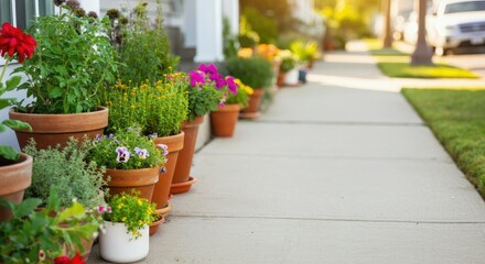 Naklejka premium Row of potted flowers along sunny sidewalk