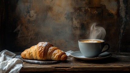 Breakfast view a bunch of croissant and a cup of coffee on the table. Kitchen vibe with filter lighting from window.