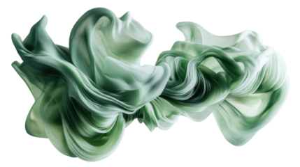 Smooth elegant green fabric flowing on transparent background