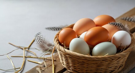 Wicker basket filled with colorful farm eggs and feathers