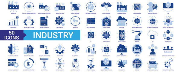 Industry icon collection set. Containing smart factory, digital transformation, manufacturing, technology, production icon. Simple flat vector.