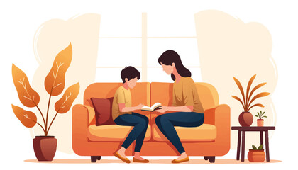 Fototapeta premium Father and child reading together in cozy nook, family bonding